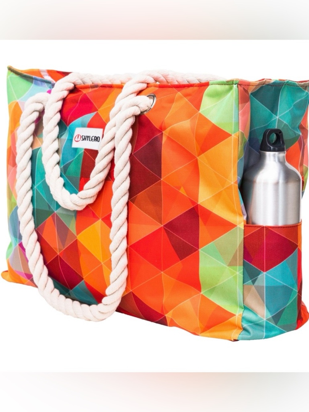 Large Colorful Geometric Rope-Handle Tote for Beach/Pool - Picture 3 of 16